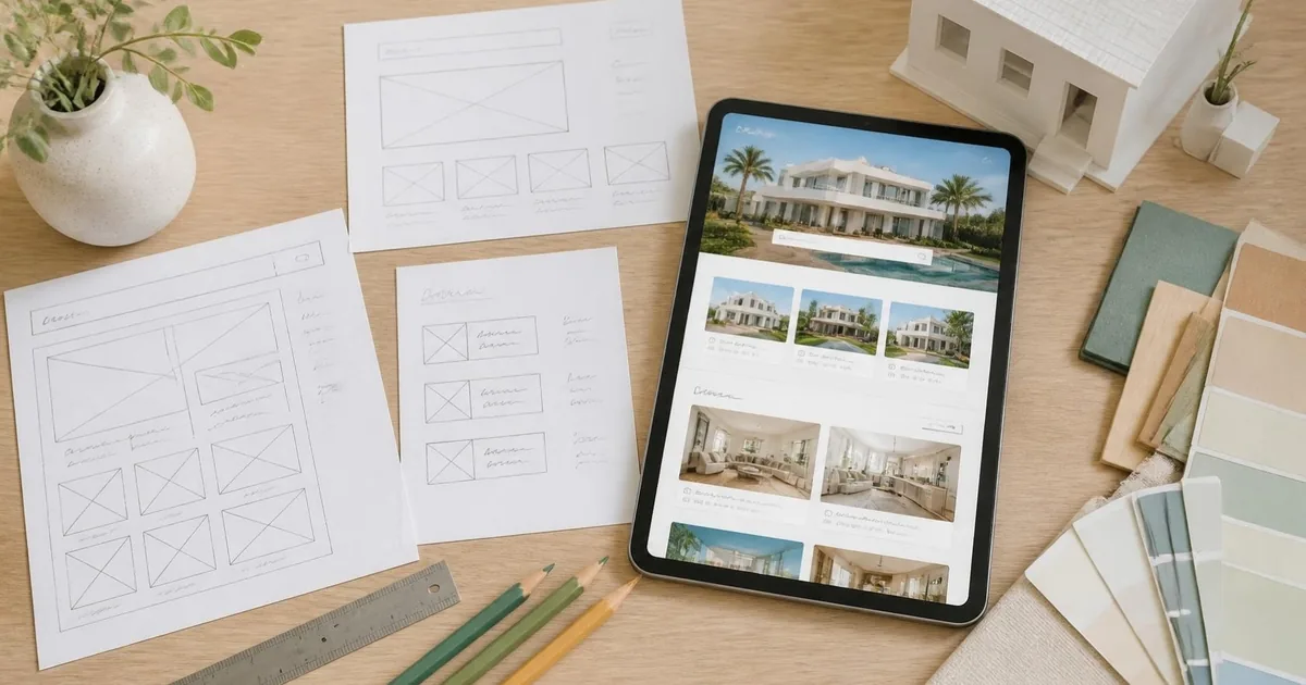 Bocetos en papel de una web inmobiliaria junto a una tableta con el diseño terminado y muestras de color (imagen ilustrativa)