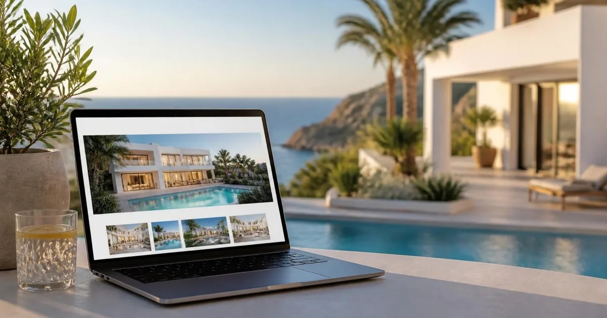Portátil con una web inmobiliaria en una terraza con piscina frente al mar (imagen ilustrativa)