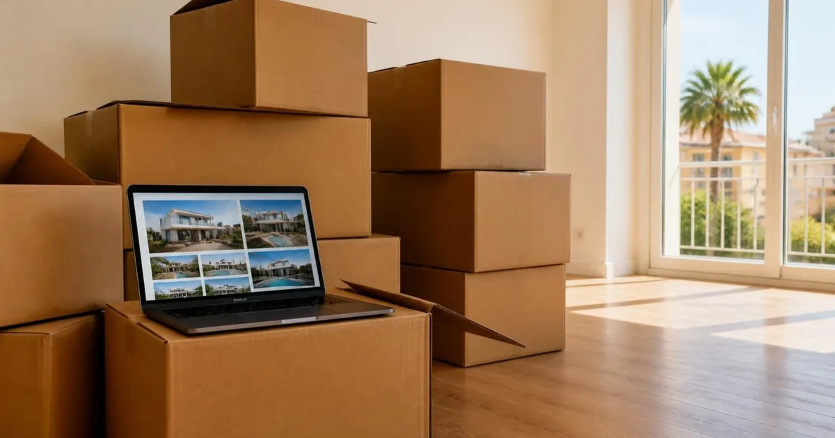 Cajas de mudanza en un piso vacío y luminoso con un portátil que muestra una web de viviendas (imagen ilustrativa)