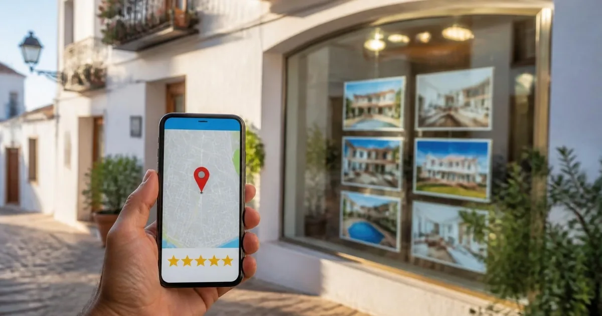 Móvil con un mapa y una chincheta delante del escaparate de una inmobiliaria en un pueblo blanco (imagen ilustrativa)