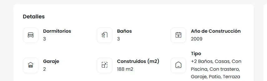Bloque de detalles de una propiedad: dormitorios, baños, año, garaje, metros y tipo