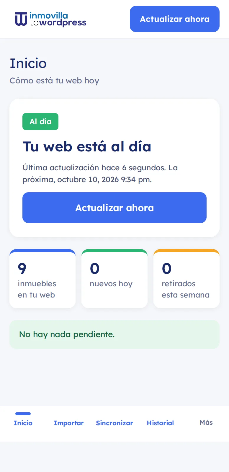 Pantalla de inicio del panel en un móvil, con la barra inferior de navegación