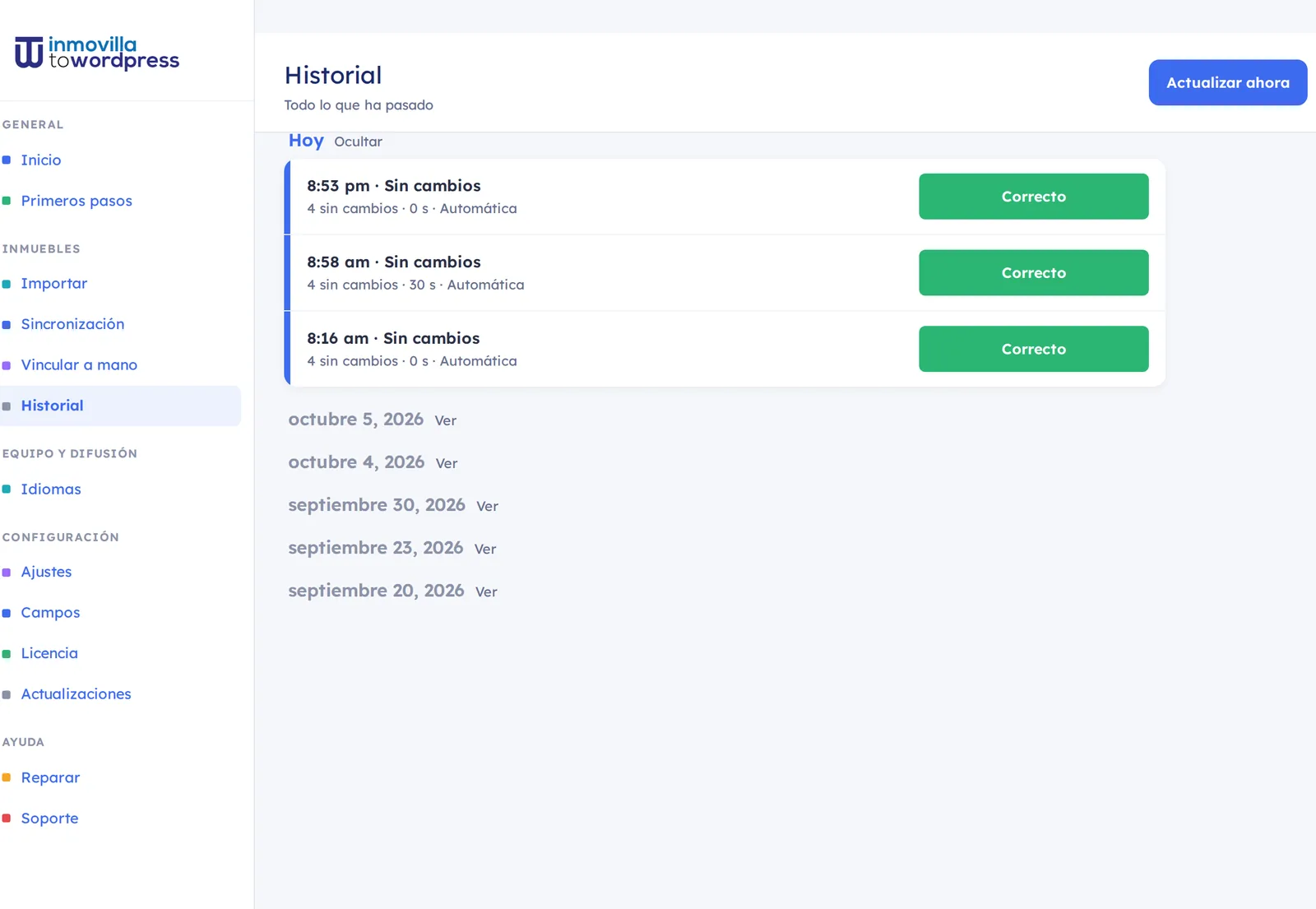 Pantalla Historial: actualizaciones de hoy con la etiqueta «Correcto» y los días anteriores plegados