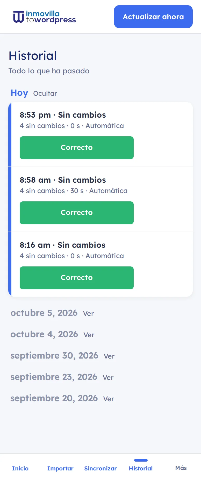 Pantalla Historial en un móvil, con las actualizaciones de hoy