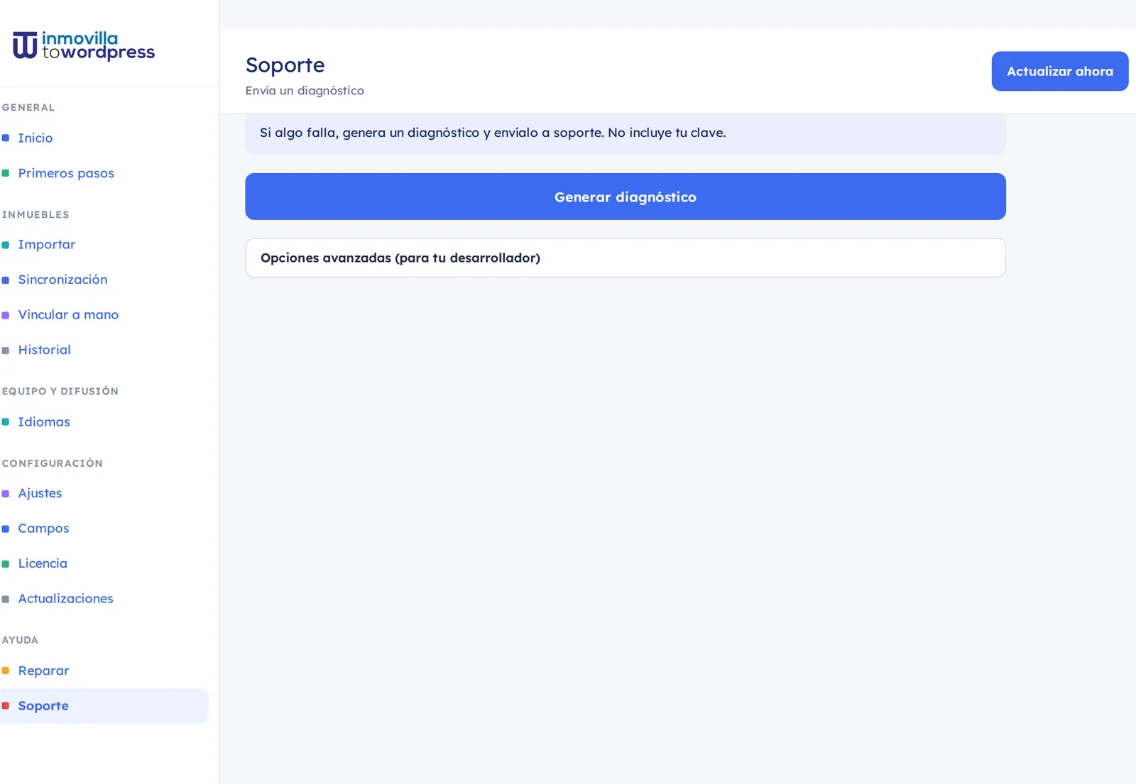 Pantalla Soporte: diagnóstico listo para enviar